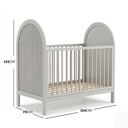 Grey crib with dimension lines and measurements on white background