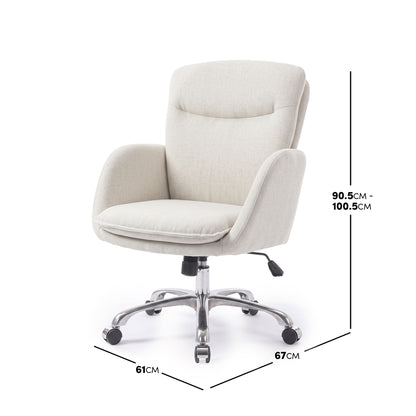 Beige office chair on a white background with dimension measurements shown