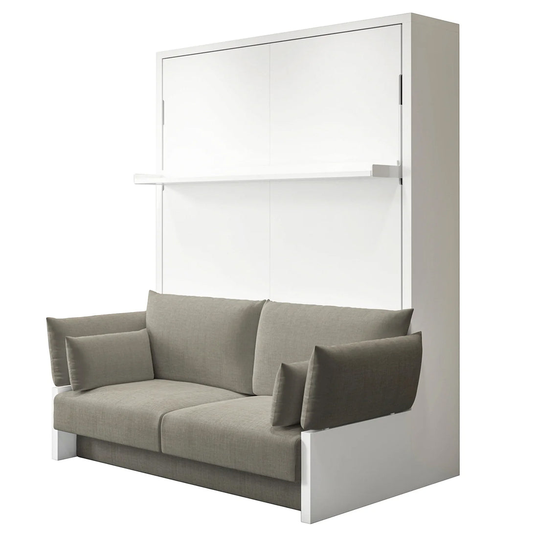 Byron Queen Murphy Bed with Mattress in White & Grey, featuring a vertical cabinet with a central shelf that folds into a bed, and an integrated grey upholstered loveseat at its base.