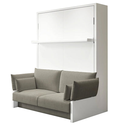 Byron Queen Murphy Bed with Mattress in White & Grey, featuring a vertical cabinet with a central shelf that folds into a bed, and an integrated grey upholstered loveseat at its base.