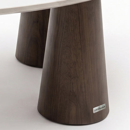 Close-up of the table base and partial tabletop on a white background