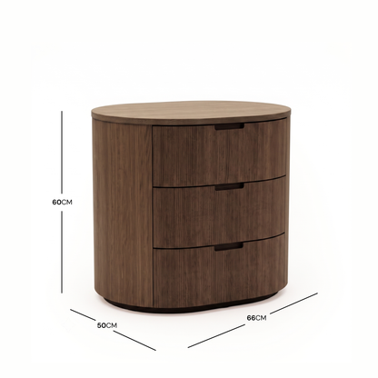 Wooden chest of drawers on white background with measurement lines showing dimensions