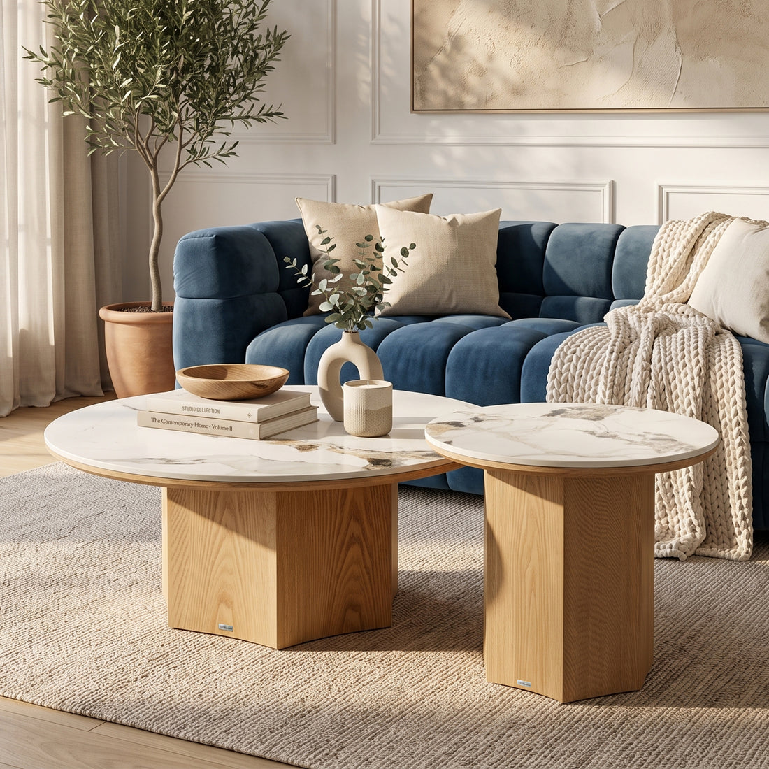 Two round marble-top tables styled in a living room beside a blue velvet sofa.