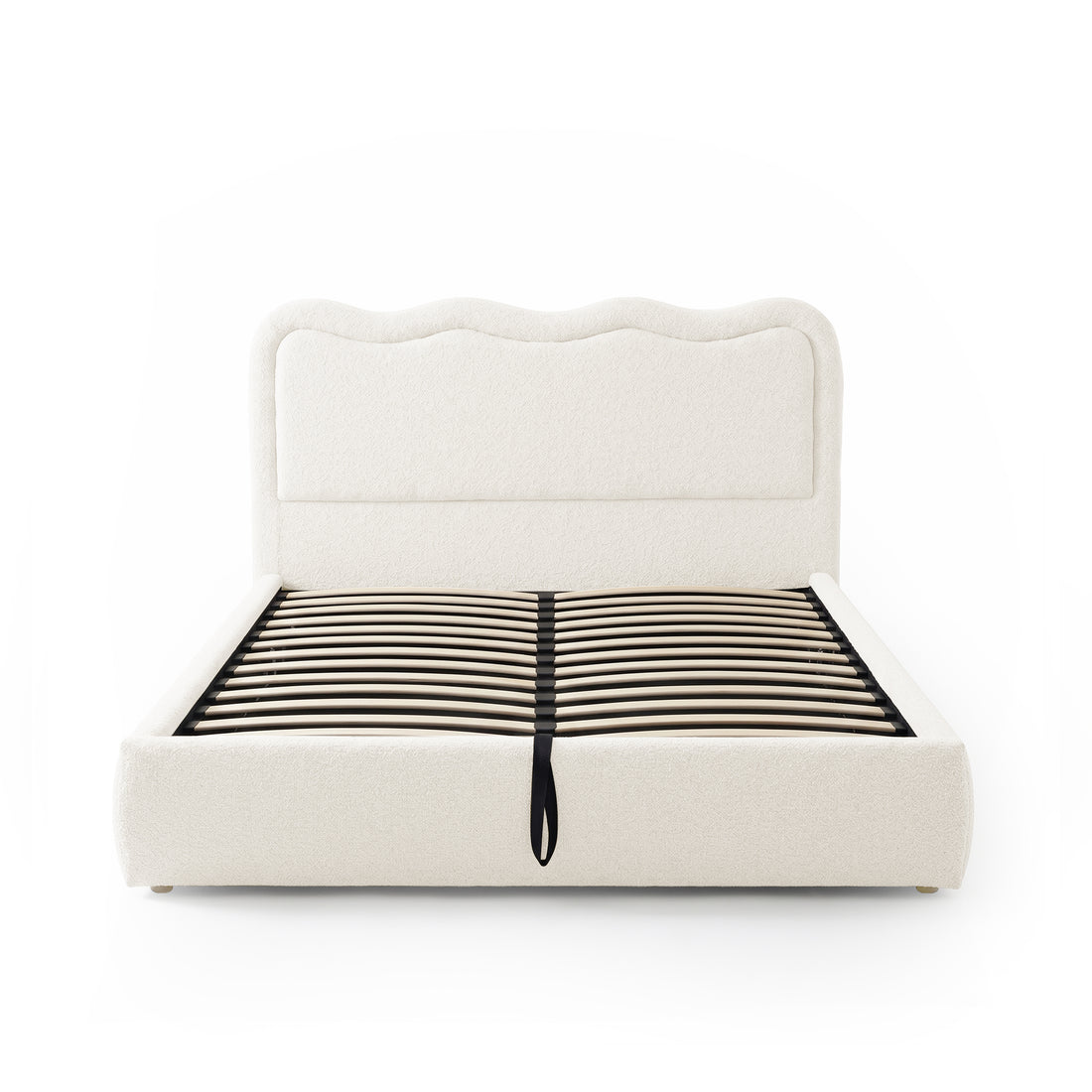 Upholstered bed frame without mattress on white background