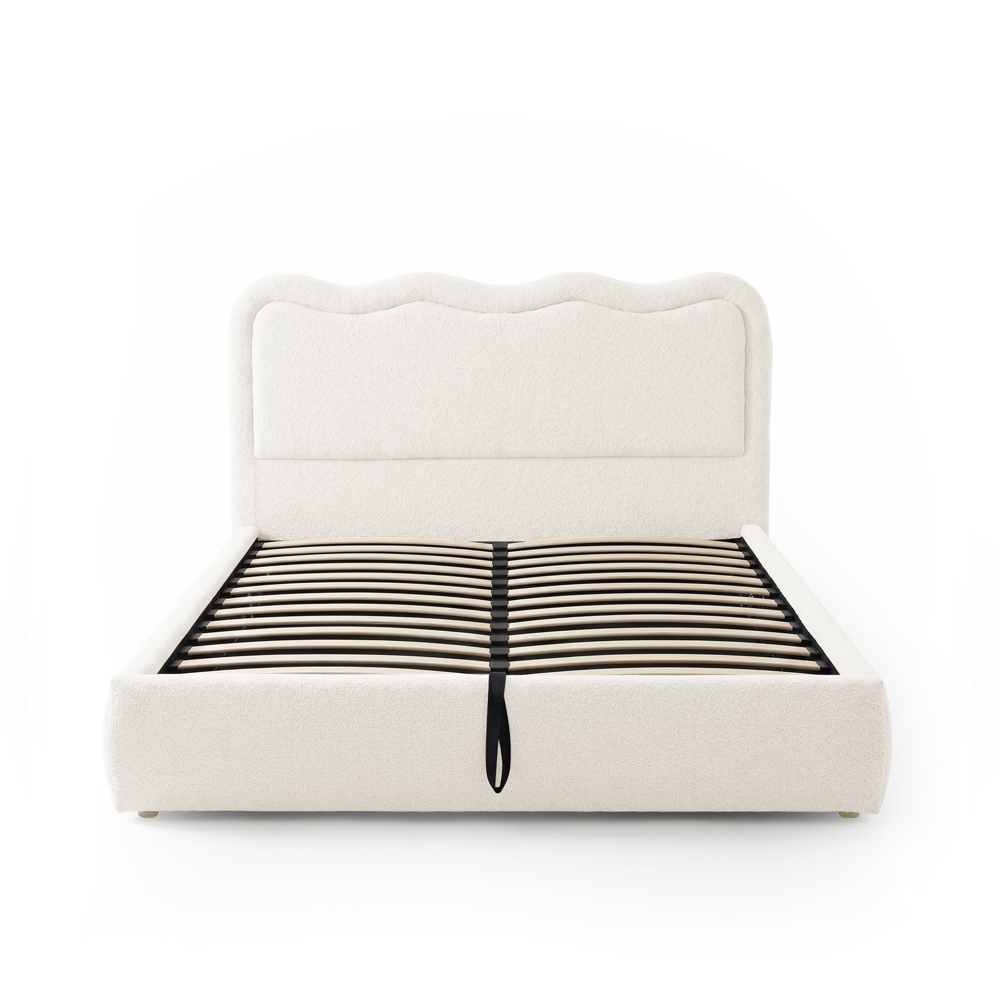 Upholstered bed frame without mattress on white background