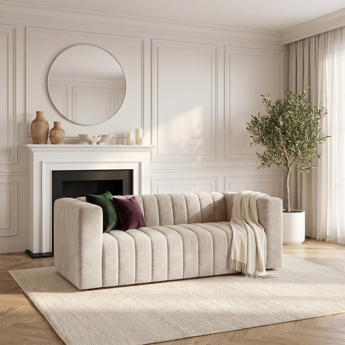 Beige tufted sofa styled in a bright elegant living room