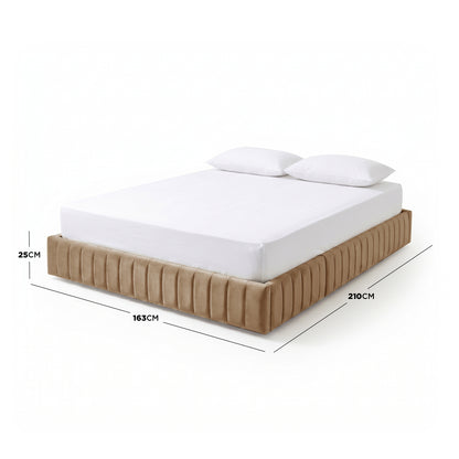 Upholstered bed with dimensions shown (25 cm H, 163 cm W, 210 cm L) on white background