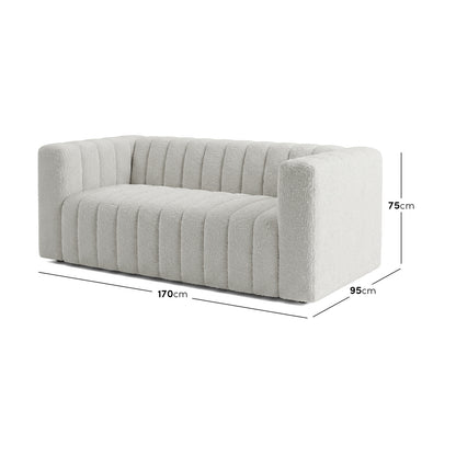 Modern sofa on white background with dimensions labeled 170 cm by 95 cm by 75 cm