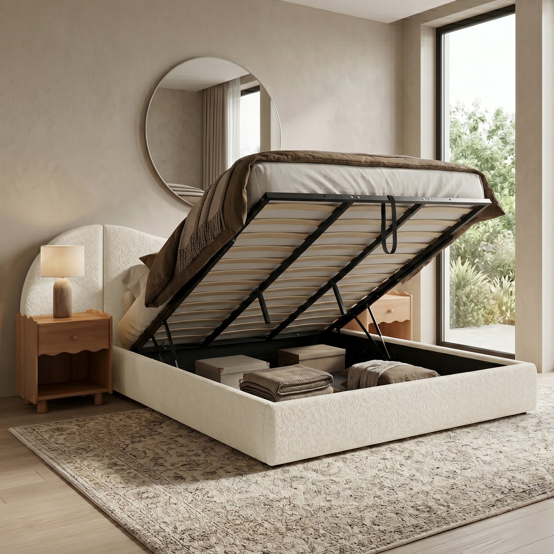Upholstered storage bed lifted open in a modern bedroom setting
