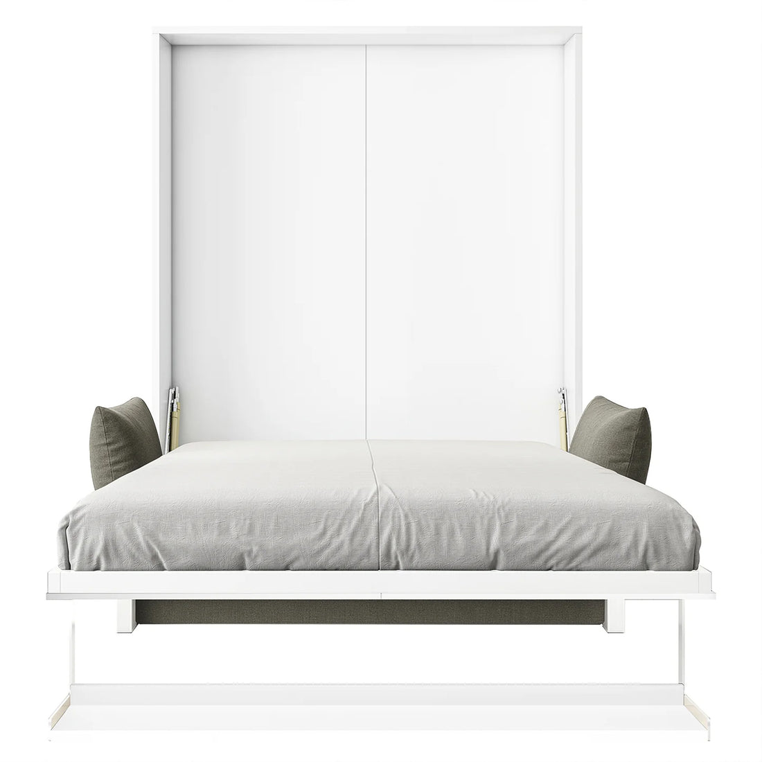 Byron Queen Murphy Bed with Mattress in White & Grey, shown open in a modern setting, features a flat cabinet frame and neatly tucked bolster-style pillows against the inner walls.