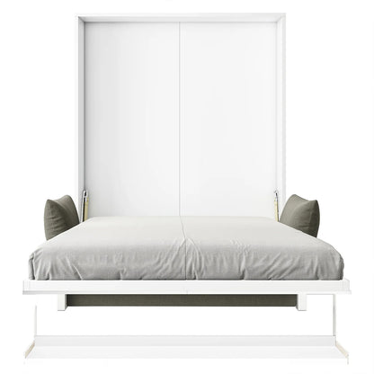 Byron Queen Murphy Bed with Mattress in White & Grey, shown open in a modern setting, features a flat cabinet frame and neatly tucked bolster-style pillows against the inner walls.