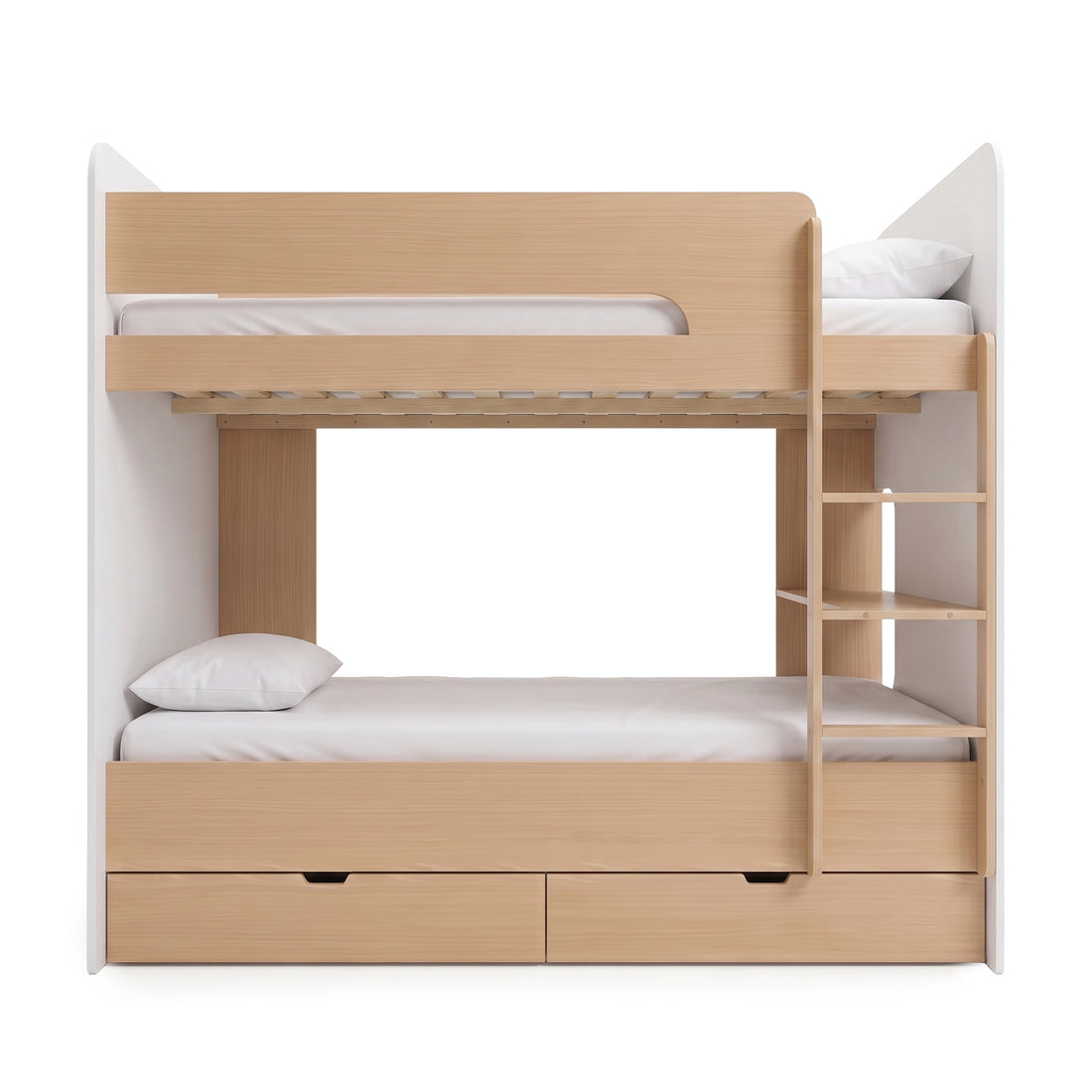 Complete light wood and white bunk bed on a white background