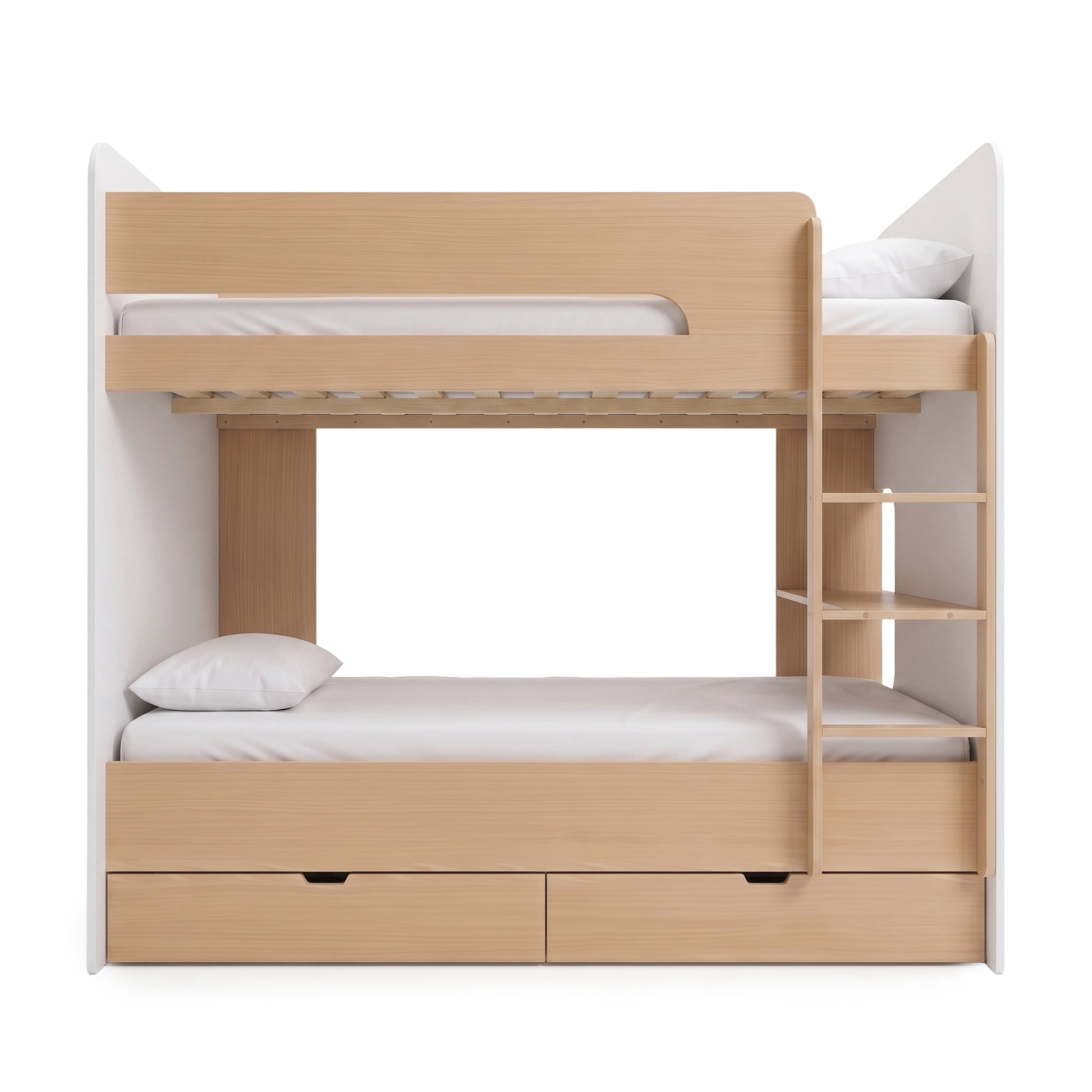Complete light wood and white bunk bed on a white background