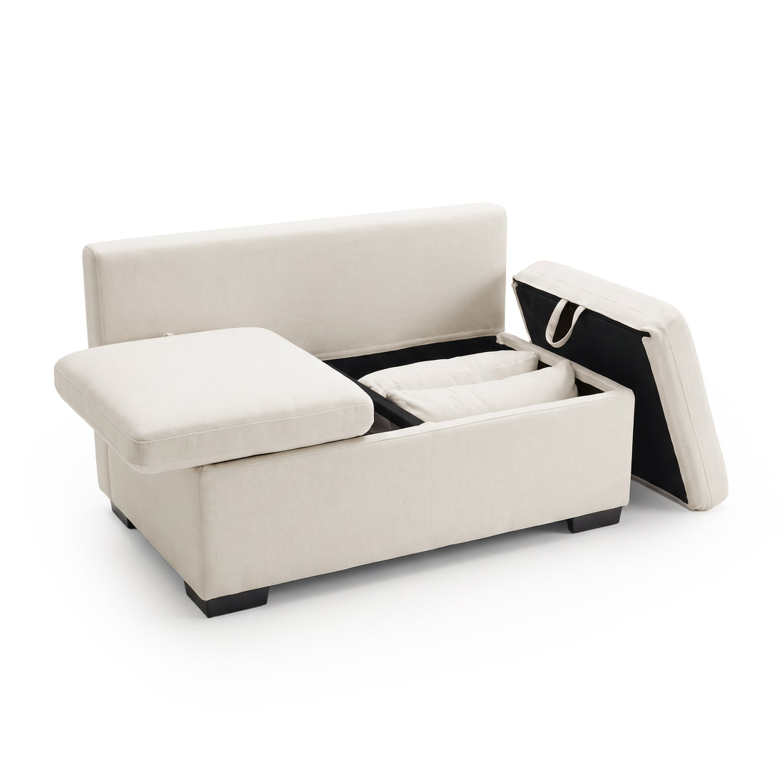 Cream upholstered storage seating unit shown open on white background