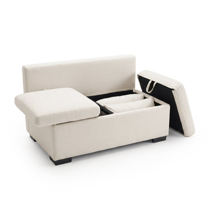 Cream upholstered storage seating unit shown open on white background