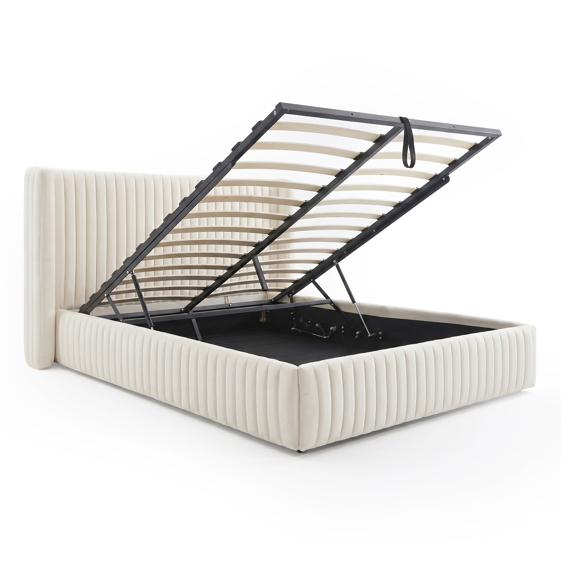 Upholstered bed with open storage compartment on white background