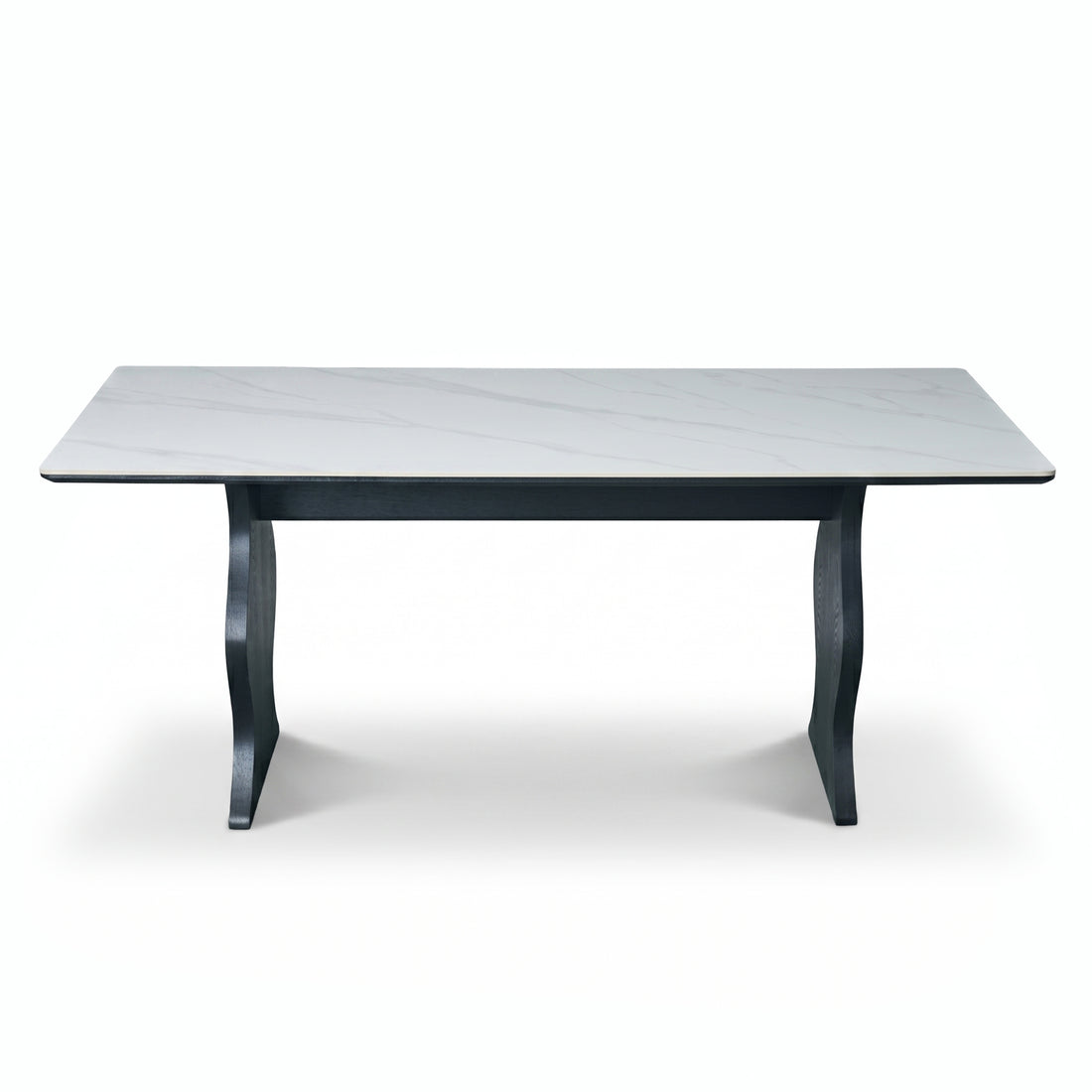 Full rectangular table with light marble-look top and dark sculptural legs on a white background