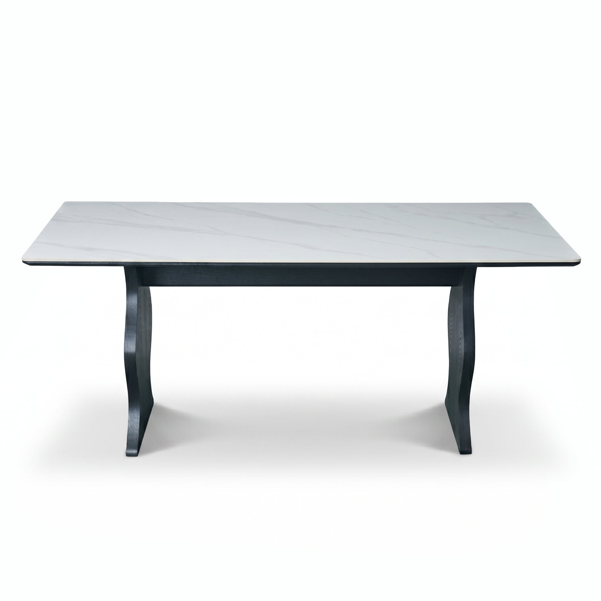 Full rectangular table with light marble-look top and dark sculptural legs on a white background