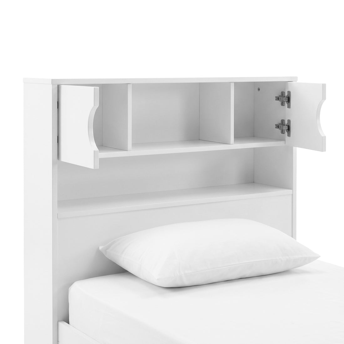 Upper portion of a white bed headboard with storage compartments on a white background