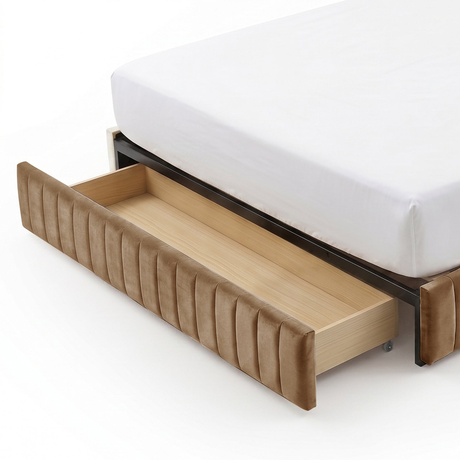 Close-up of under-bed storage drawer with beige upholstered frame on white background