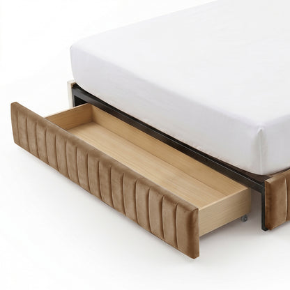 Close-up of under-bed storage drawer with beige upholstered frame on white background