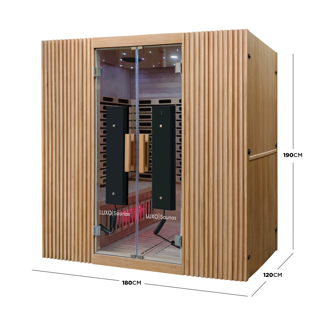 Wooden sauna cabin with dimension measurements shown on a white background