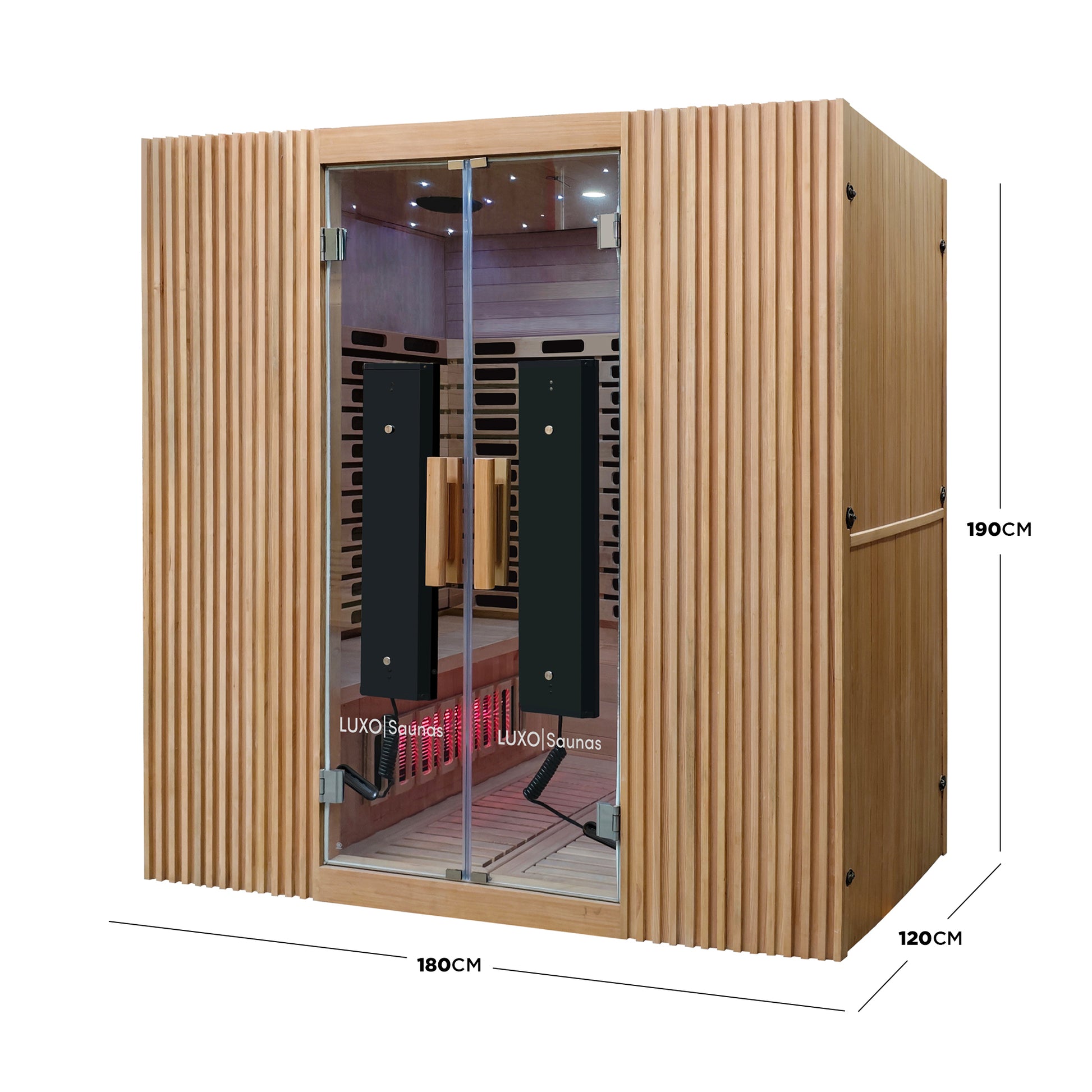 Wooden sauna cabin with dimension measurements shown on a white background