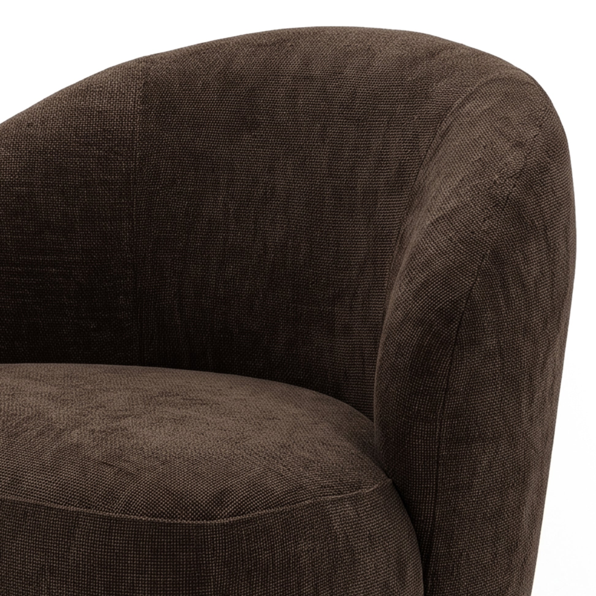 Close-up of a cocoa brown accent chair showing the seat, backrest, and part of an armrest.