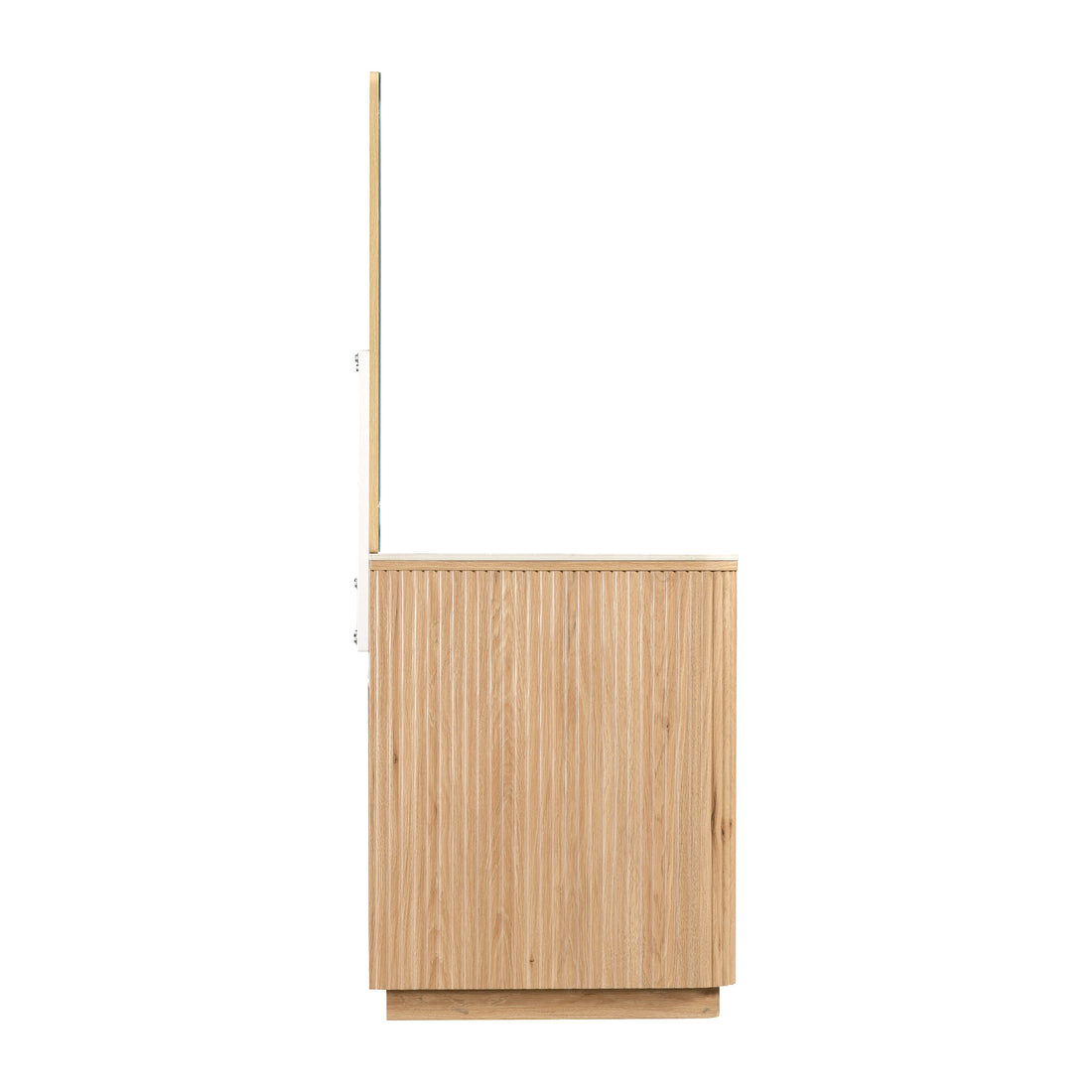 Side view of a light wood vanity or cabinet on a white background