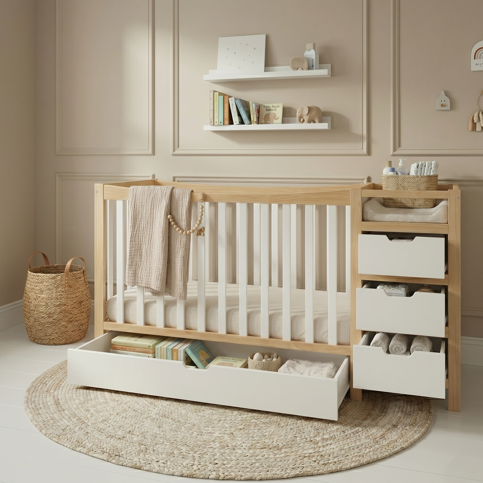 Baby crib with attached drawers in a styled nursery room