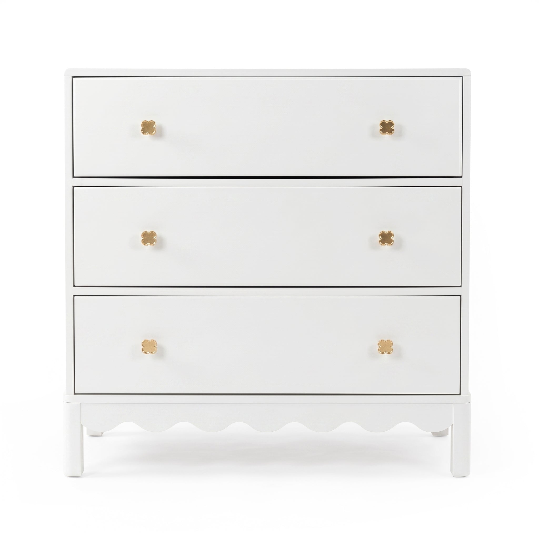 White three-drawer dresser with gold flower knobs on white background