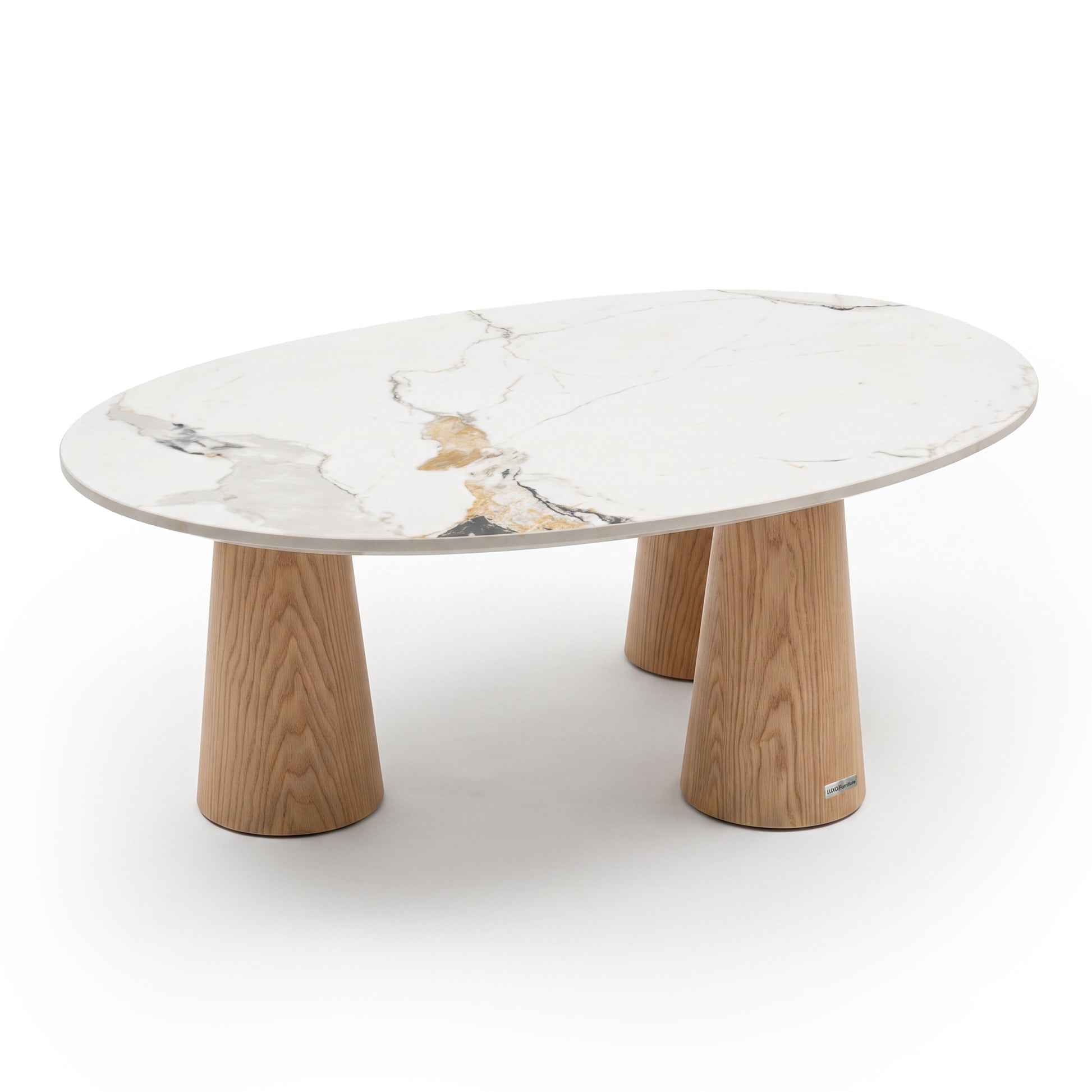 Oval coffee table with marble-patterned top and three cylindrical wooden legs on a white background