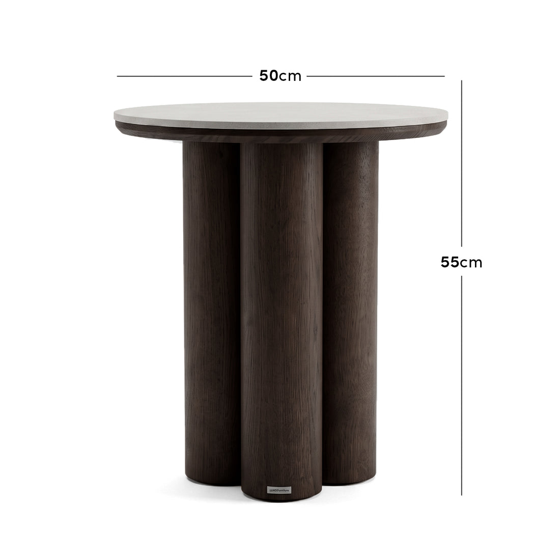 Modern round side table with three cylindrical legs shown with 50 cm width and 55 cm height dimensions