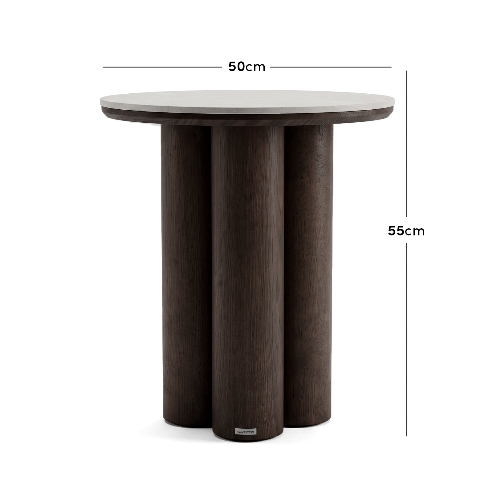 Modern round side table with three cylindrical legs shown with 50 cm width and 55 cm height dimensions