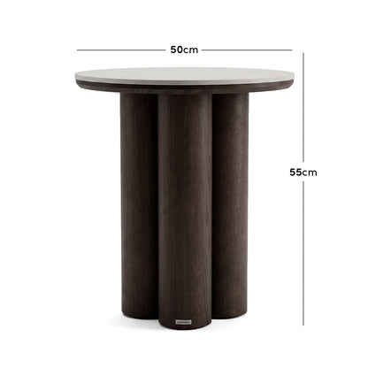 Modern round side table with three cylindrical legs shown with 50 cm width and 55 cm height dimensions