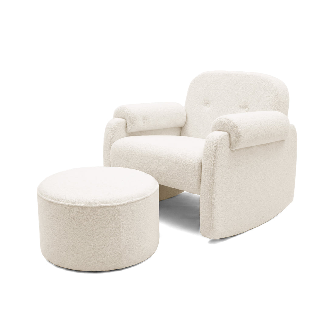 Plush armchair and matching ottoman on white background