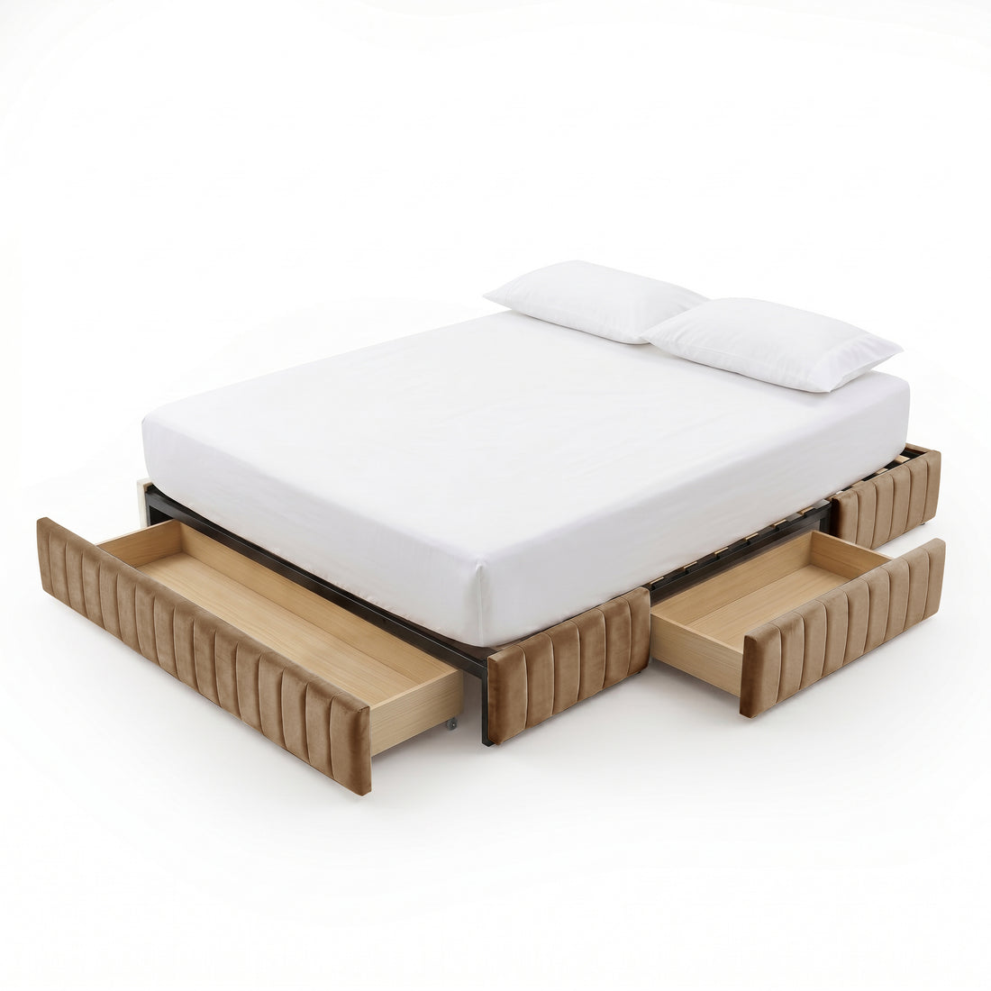 Bed with white bedding and three extended storage drawers on white background