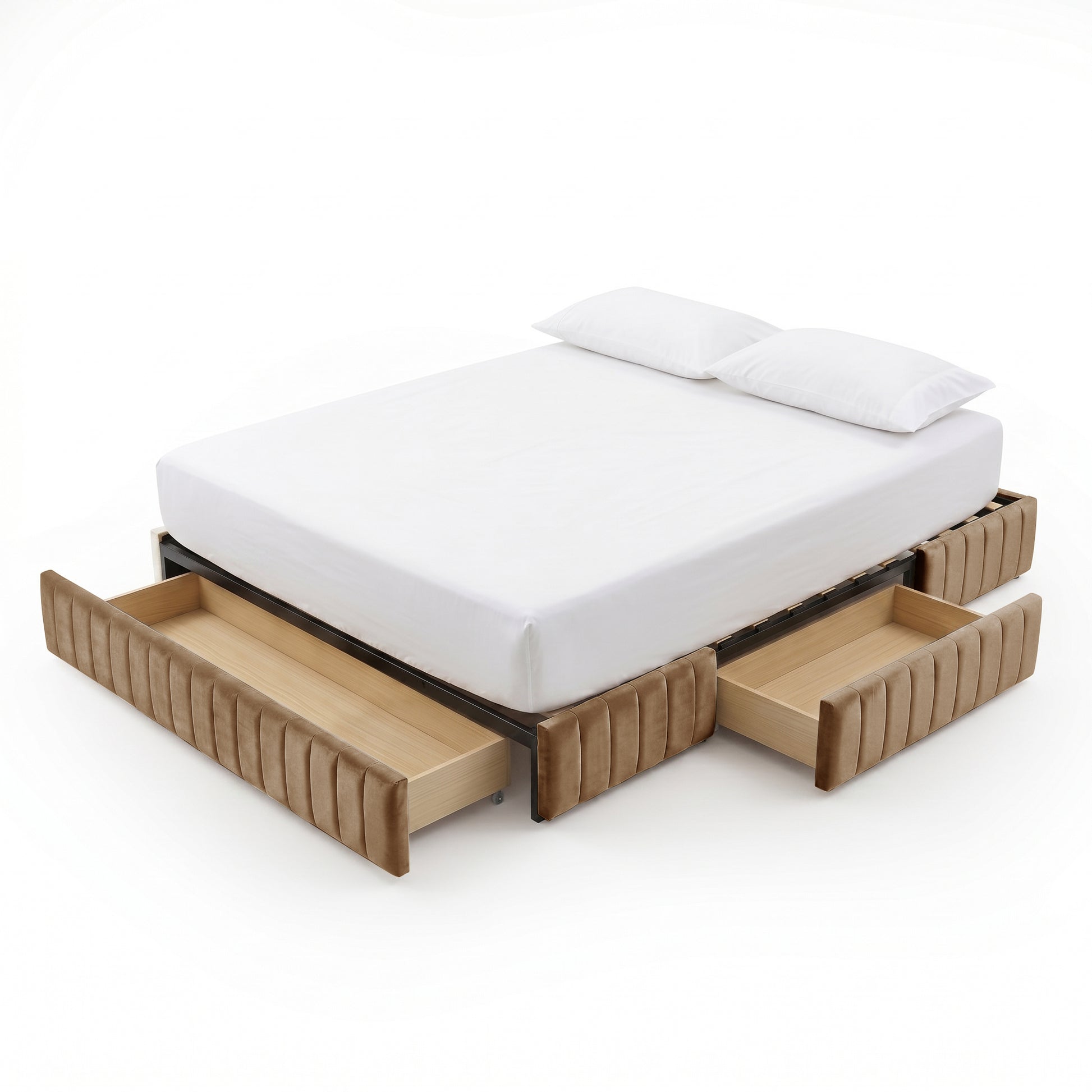 Bed with white bedding and three extended storage drawers on white background