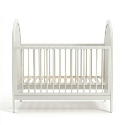 White baby crib on white background, front view showing the entire crib