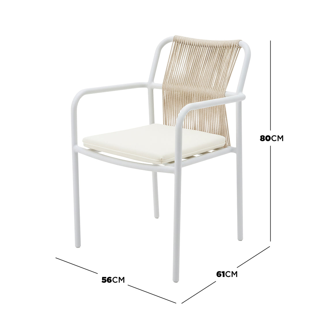 Evone Aluminium Rope Outdoor Dining Chair in Natural features a white metal frame, natural-beige rope backrest, and removable off-white cushion. Dimensions: 56cm wide, 61cm deep, 80cm tall.