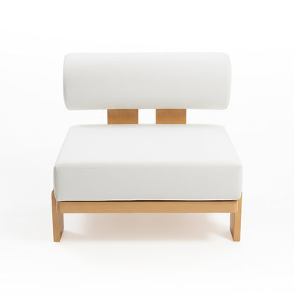 Modica 5 Seater Aluminium Outdoor Sofa Set in White features a low-profile lounge chair with squared white cushions on a light-wood frame, offering modern comfort and style for outdoor relaxation.