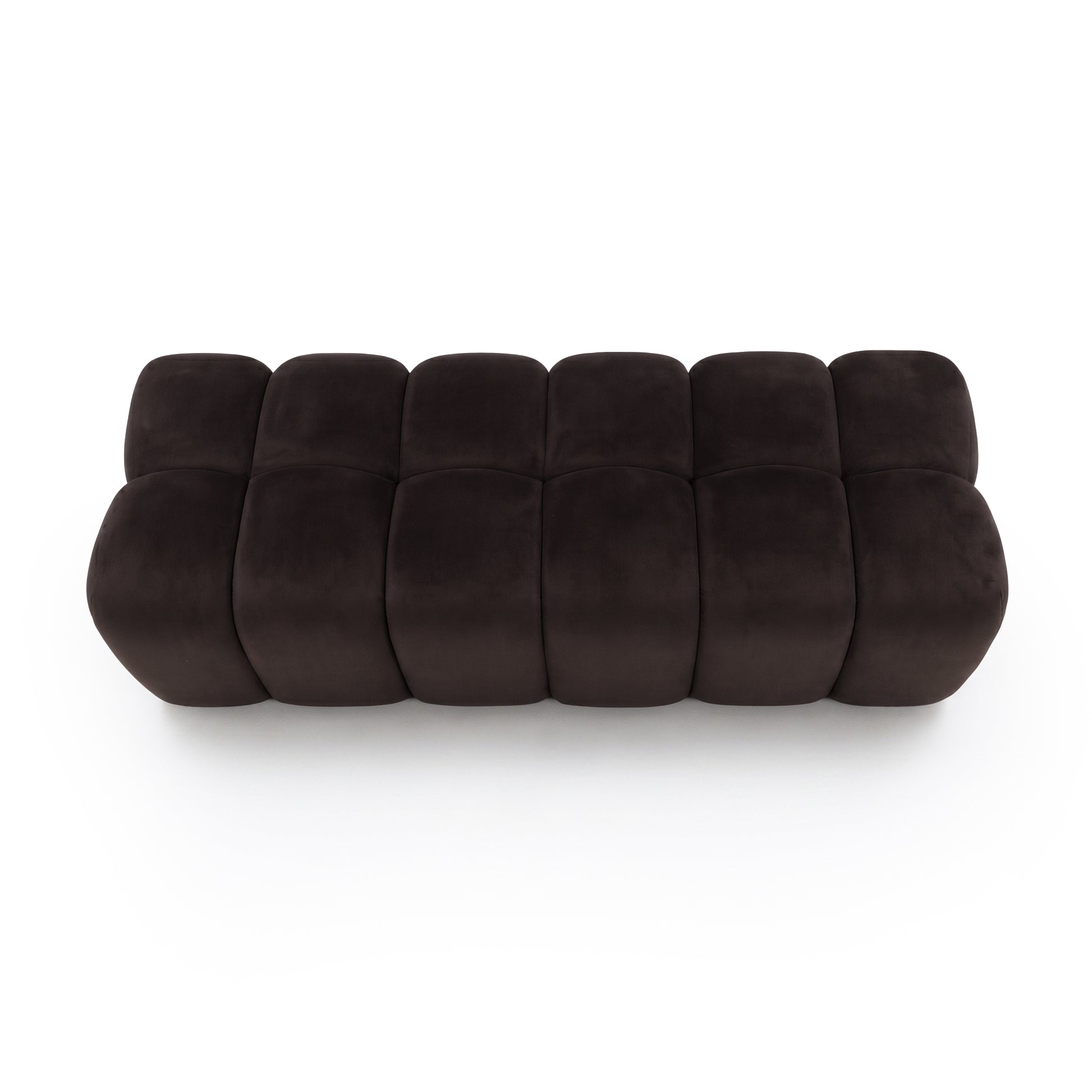 Top-down view of a chocolate brown upholstered ottoman bench on a white background.