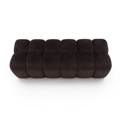 Top-down view of a chocolate brown upholstered ottoman bench on a white background.