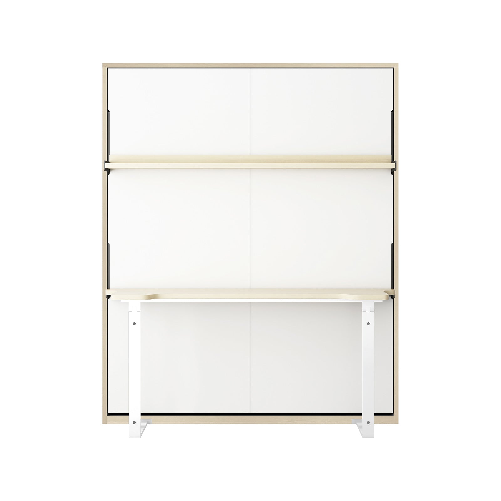 Logan Desk and Foldout Queen Wall Bed White & Natural features a minimalist wall-mounted workstation with a white panel, light wood frame, shelf, pull-out desktop, and white metal legs for space-saving functionality.