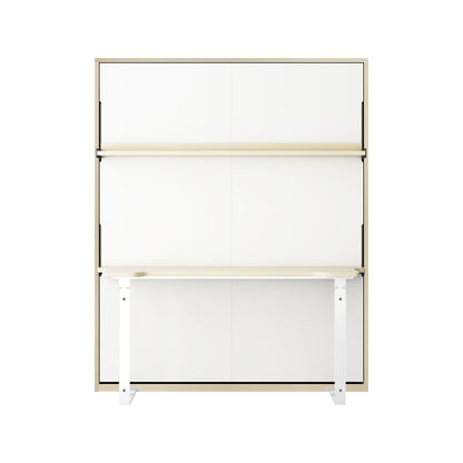 Logan Desk and Foldout Queen Wall Bed White & Natural features a minimalist wall-mounted workstation with a white panel, light wood frame, shelf, pull-out desktop, and white metal legs for space-saving functionality.