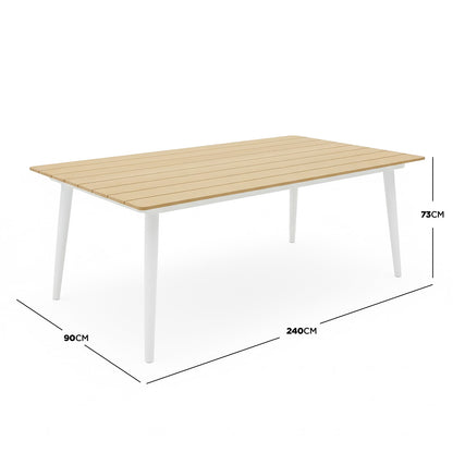 Casara 9 Piece Outdoor Dining Set in White and Beige featuring a slatted light-wood rectangular table with white splayed legs, inclusive of eight matching chairs, designed for alfresco dining.