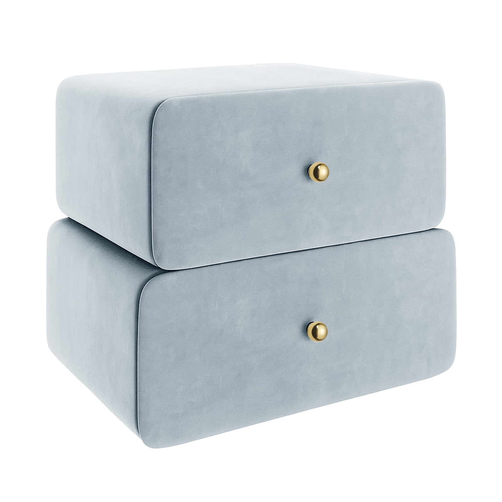 Luxo Tyla Modern Velvet Bedside Table Ice Blue features two stacked, softly rounded rectangular drawers with pale blue-gray velvet upholstery and polished brass knobs, perfect for compact, stylish bedroom storage.