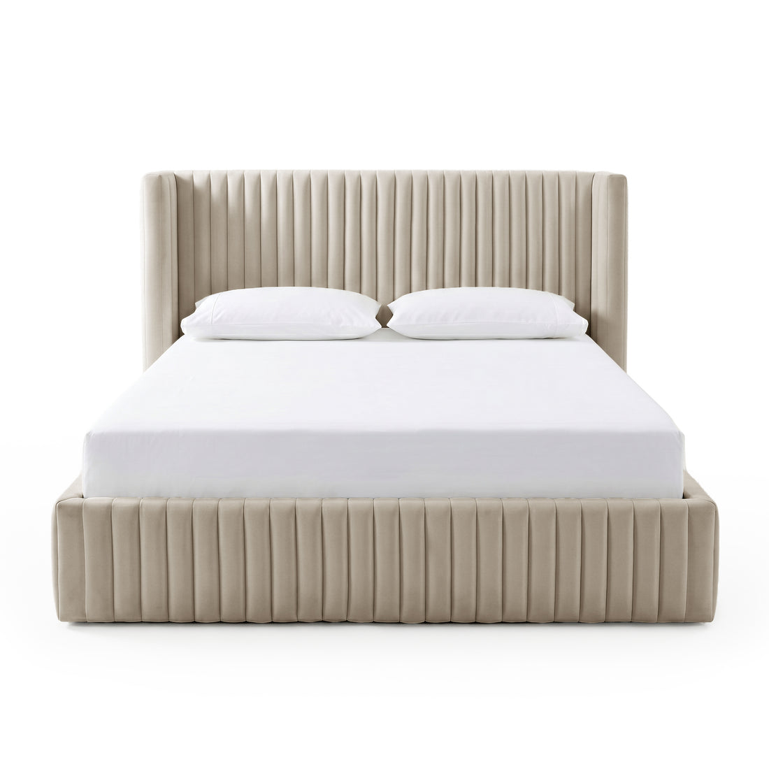 Front view of beige upholstered bed with vertical channel tufting