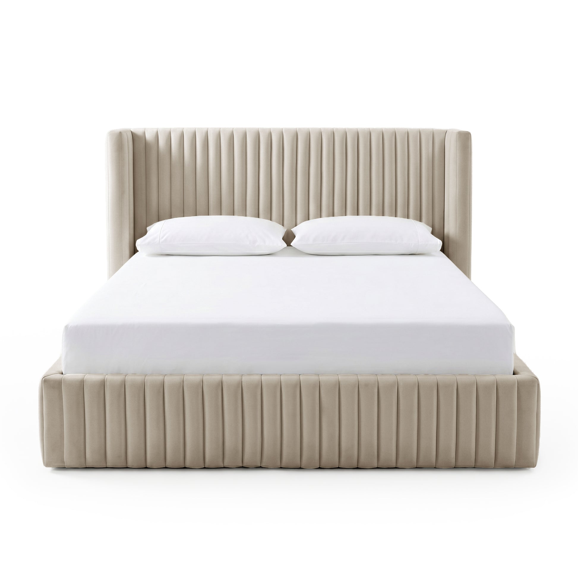 Front view of beige upholstered bed with vertical channel tufting