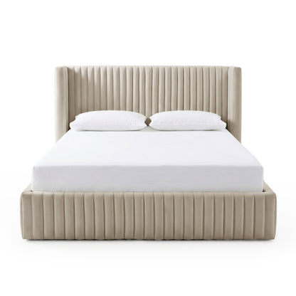 Front view of beige upholstered bed with vertical channel tufting